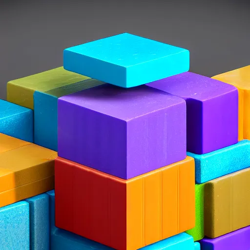 Image similar to an axonometric isometric photo of a stack of multi coloured individual resin blocks. the blocks are made of a satin resin. photorealistic, architectural model, octane render, path tracing