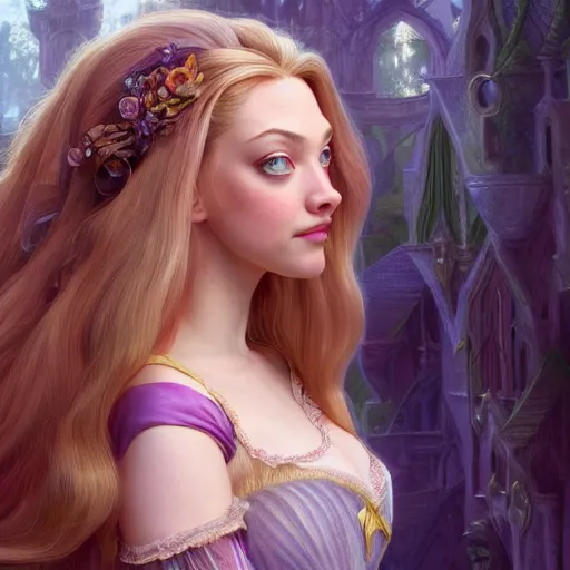 Image similar to beautiful young amanda seyfried as the rapunzel princess, closeup, d & d, fantasy, intricate, elegant, highly detailed, digital painting, artstation, concept art, matte, sharp focus, illustration, art by artgerm and greg rutkowski and alphonse mucha