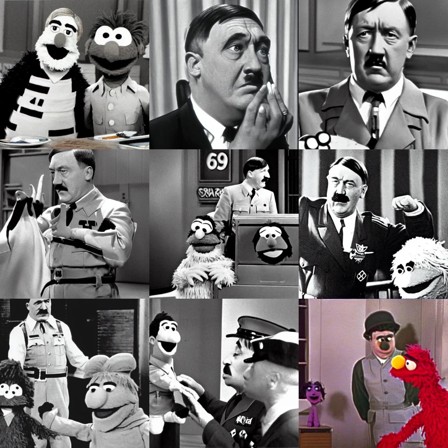 Prompt: 1 9 8 8 film still of the adolf hitler on sesame street