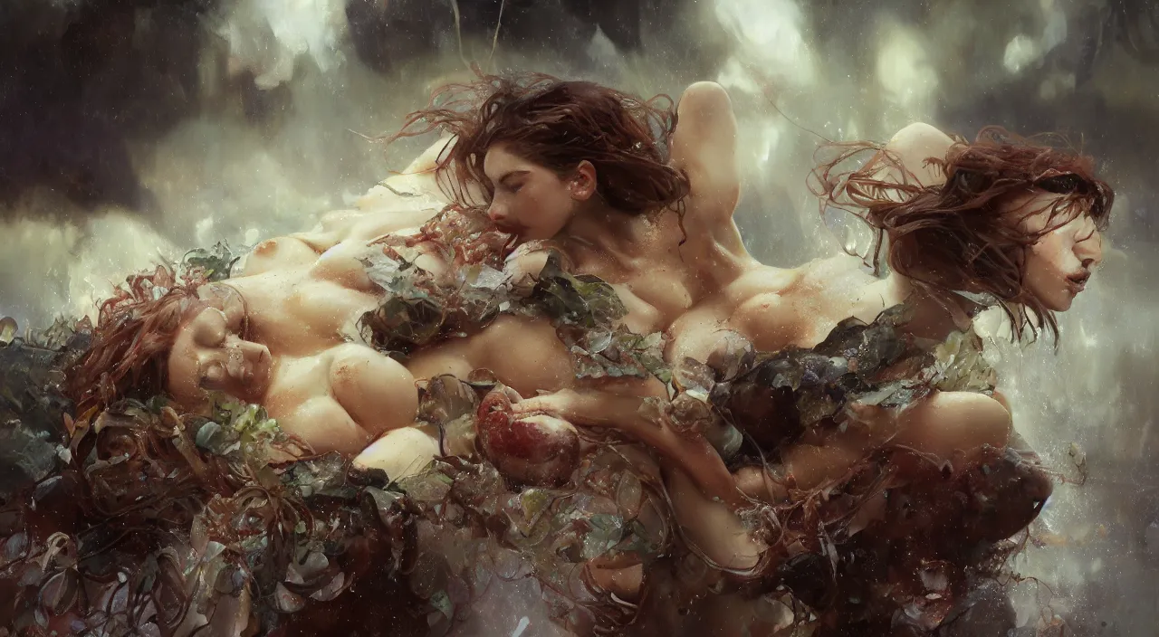 Image similar to 3 0 perfect woman bodies flying inside spaghetti bolognesa with meatballs and hundred rusted perfect woman bodies flying in stormy clouds by by jeremy mann and alphonse mucha, fantasy art, photo realistic, dynamic lighting, artstation, poster, volumetric lighting, very detailed faces, 4 k, award winning, hyper - realism