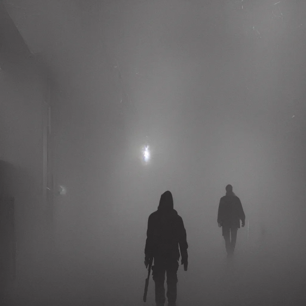 Image similar to a backlit, mostly silhouetted threatening person with long limbs and glowing eyes walks down a long shadowy apartment hallway dragging something behind it, low lying fog swirls at their feet, the ceiling is in darkness, water drips down from above, smoke, gloomy, nightmarish security footage, detailed