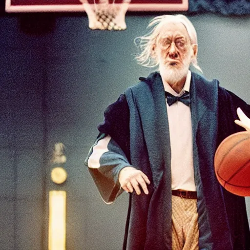 Image similar to dumbledore playing basketball, film still, cinematic lighting