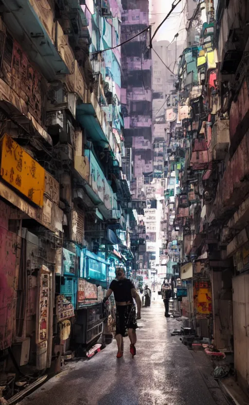 Prompt: a cyberpunk hong kong alley with robots and humans walking around by marcel deneuve
