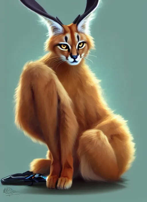 Prompt: cute fluffy caracal in pants sitting politely with electric guitar, facing the camera, anime art style, portrait, high detail, sharp focus, digital painting, artstation, concept art, art by hayao miyazaki and artgerm and greg rutkowski and alphonse mucha.