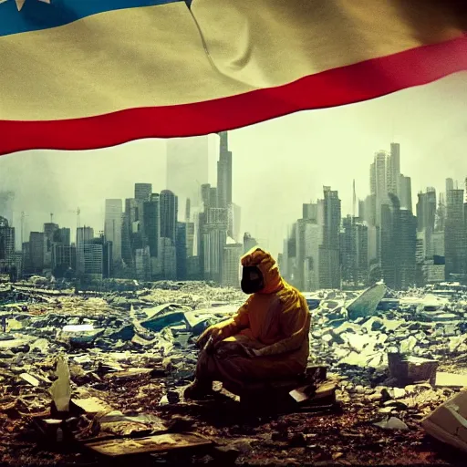 Prompt: a beautiful award-winning photo of the last man on Earth wearing a hazmat suit sitting near the flag of Argentina, serene idyllic post-nuclear background, a mirage of a skyline of a destroyed city, volumetric lighting, very high quality, extremely detailed, subtle visual noise, 8K