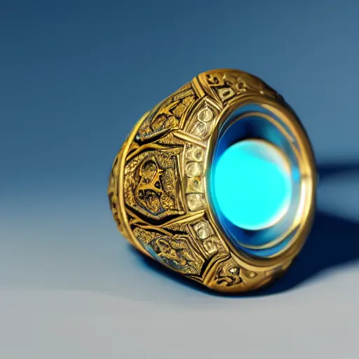 Image similar to a fantasy ring, blue glow, realistic reflections, intricate details, cinematic lighting, depth of field, octane render