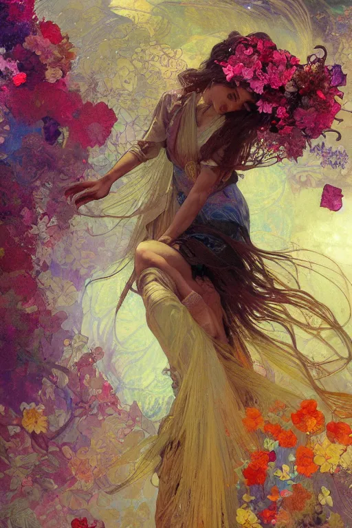 Image similar to a beautifull intricate painting of a disembodied soul surrounded by flowing flower petals, vivid colors, artstation, by jeremy mann, by alphonse mucha,