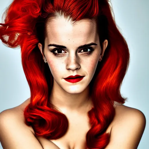 Prompt: Emma Watson as Jessica Rabbit, (Sony a7R IV, symmetric balance, polarizing filter, dynamic range, HDR, deep colors, staggered depth)