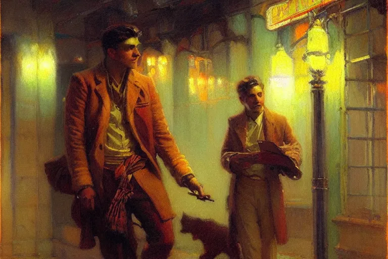 Prompt: winter, attractive male, neon light, india, painting by gaston bussiere, craig mullins, j. c. leyendecker