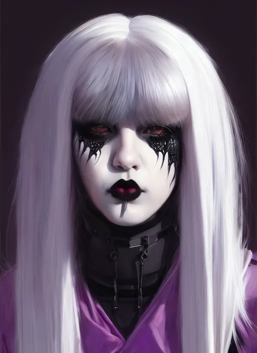 Image similar to portrait of white teenage girl, normal face, black bangs, mall goth, cyberlox, black and white hair, bangs, fluffy bangs, red contacts, purple lipstick, intricate, elegant, highly detailed, digital painting, artstation, concept art, sharp focus, smooth, illustration, art by wlop, mars ravelo and greg rutkowski