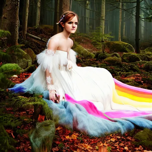 Image similar to photo of emma watson as an elf wearing a long rainbow wedding gown sitting in a colorful forest