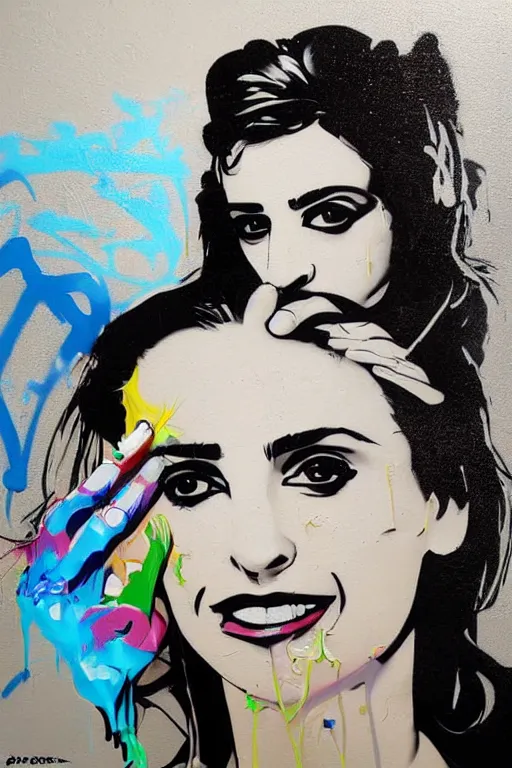 Image similar to graffiti, splash painting, portrait of penelope cruz, artwork by bansky