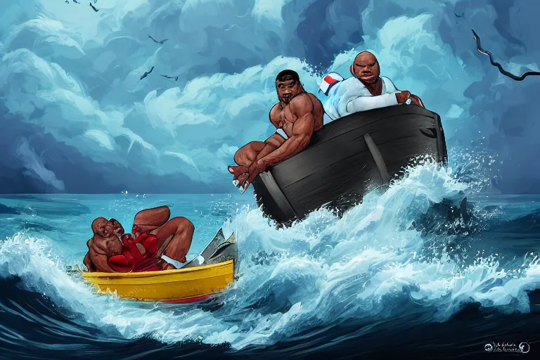 Image similar to Mike Tyson And Rocky are sitting in a boat on rough seas, stormy weather, award winning illustration, trending on artstation