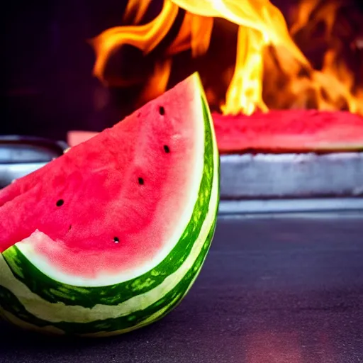 Image similar to photo of a watermelon on fire in a bar