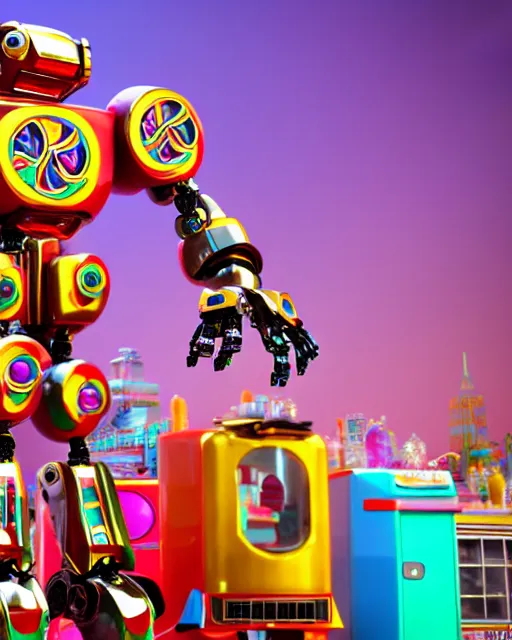 Image similar to cute elaborate epic robot, candy colors, pinball machine parts, symmetrical, in a city made of arcade machines and buildings made of candy, octane render, 3 d model, translucent, clear parts, detailed by pokedstudio