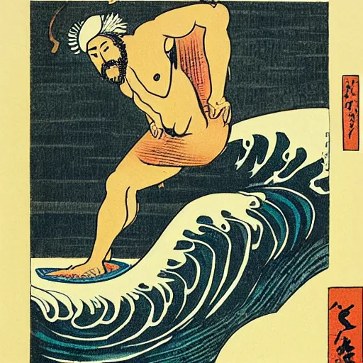 Prompt: bearded man surfing, woodblock print, style of hokusai, fine art, style of kanagawa, painting