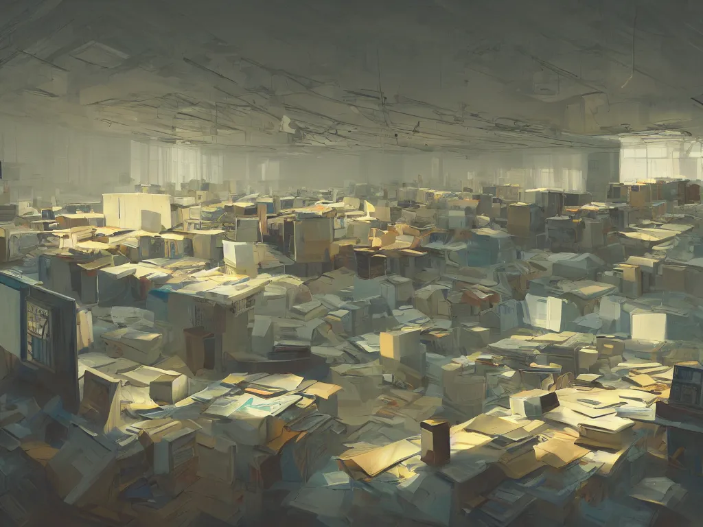 Image similar to a a huge room with large stacks of paper and files in a painting from stalenhag, 4 k, 8 k, hdr, artstation, concept art