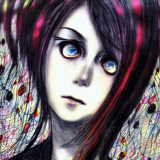 Prompt: yoshitaka amano realistic illustration of a manga girl with black eyes and long wavy white hair wearing dress suit with tie and surrounded by abstract junji ito style patterns in the background, blurry and dreamy illustration, noisy film grain effect, highly detailed, oil painting with expressive brush strokes, weird portrait angle