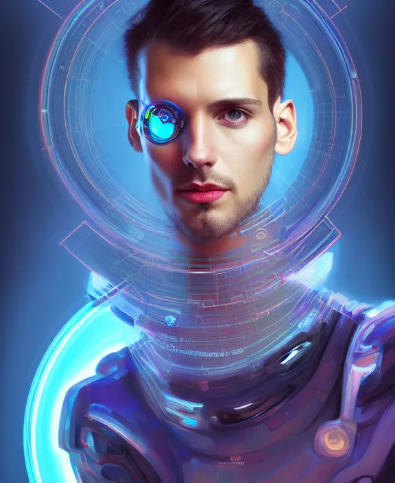 Image similar to a whirlwind inside the metaverse, guy, male, man, hologram, half body, neurochip, android, cyborg, cyberpunk face, by loish, d & d, fantasy, intricate, elegant, highly detailed, colorful, digital painting, artstation, concept art, art by artgerm and greg rutkowski and alphonse mucha