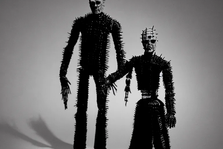 Image similar to hellraiser movie, pinhead figure, 8 k, b & w,