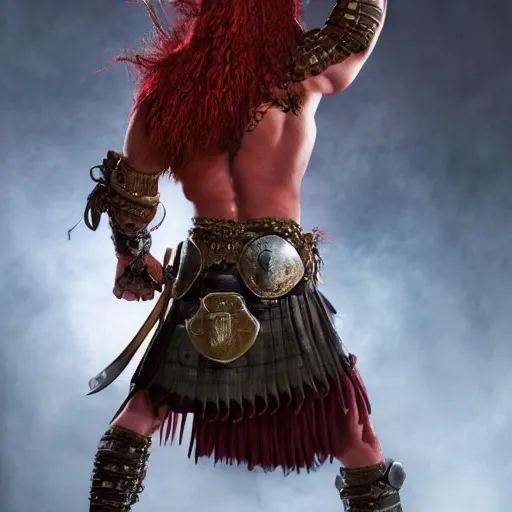 Image similar to bulky muscular scottish warrior with red hair and a kilt, tribal blood red war paintings on his chest, bronze plate armor, 4 k oil on linen by wlop, artgerm, andrei riabovitchev, nuri iyem, james gurney, james jean, greg rutkowski, highly detailed, soft lighting 8 k resolution