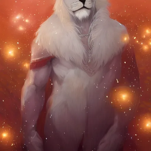 Image similar to aesthetic portrait commission of a albino male furry anthro lion surrounded by small glowing sparkles and wearing white glowing cloak, Character design by charlie bowater, ross tran, artgerm, and makoto shinkai, detailed, inked, western comic book art, 2021 award winning painting
