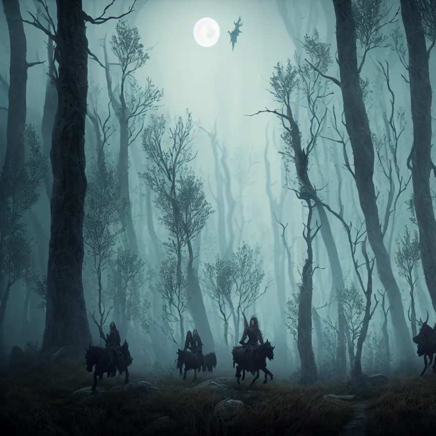 Image similar to the wild hunt, spectral riders in the full moon, lurking creepy woods, shadow creatures, dark enchanted forest, blizzard, fog, treacherous road, uneasy atmosphere, from the witcher series, cinematic, arnold gpu + octane workflow, 8 k, unreal 5, hyperrealist, intricate digital art, volumetric lighting, trending artstation, dark fantasy