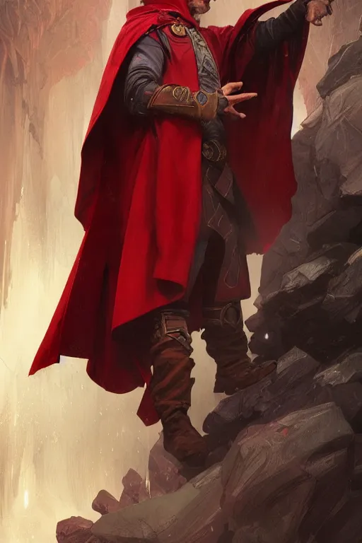 Image similar to male sorcerer, wearing a red cloak, highly detailed, digital painting, artstation, concept art, smooth, sharp focus, illustration, art by artgerm and greg rutkowski and alphonse mucha and andrei riabovitchev