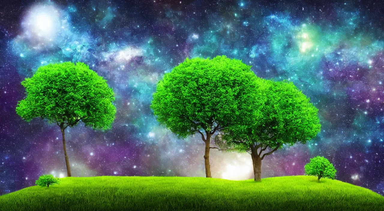 Prompt: realistic green tree on Earth and galaxy in the background in hight quality
