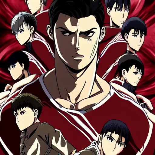 Prompt: cristiano ronaldo on attack on titan anime key visual, wit studio official media