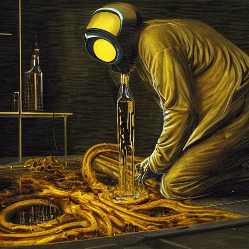 Prompt: dark hi-tech sci-fi lab at night, realistic gustave coubert painting a hideous and sick human exposed guts crawling in two legs and dripping golden metalic fluid from intestine into a pool of golden liquid on the floor. Smokey atmosphere