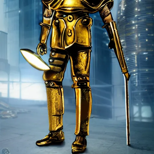 Image similar to retrofuture cyberpunk spartan tall holding spear golden face mask gold armor ryan church, jon mccoy, george hull