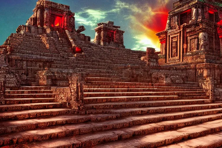 Image similar to ornate detailed aztec temple, flowing blood down steps, jungle setting, red sunset sky