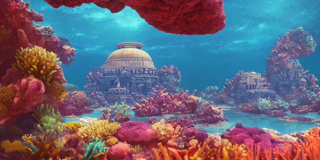 Prompt: a beautiful first person perspective digital illustration of a domed underwater temple surrounded by a vibrant coral reef by beeple | Byzantine architecture | tropical fish | cinematic | unreal engine | octane | photorealistic |