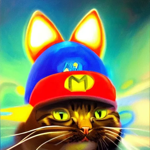 Image similar to A beautiful oil painting of a Cat wearing a Super Mario Hat, nintendo, box art, intricate, volumetric lighting, summer, hyperrealistic, colorful, hyperdetailed.