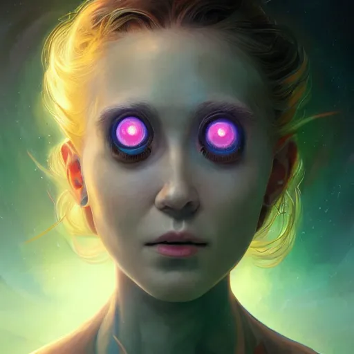 Image similar to three quarters portrait of a bioluminiscent baby creature with big glowing eyes, highly detailed, digital painting, cinematic, hyper realism, dark retrowave, art by Stanley Lau and Artgerm and magali villeneuve and Alphonse Mucha, artstation, octane render, cgsociety