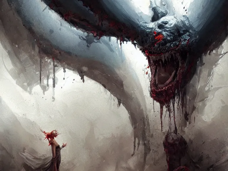 Prompt: painting by greg rutkowski a flying human head with tears running down it's face face that is chalk white in color, with long white!! tentacles!! coming out of the neck, fiery scorching red eyes, flying in a terrying hellish dark cavernous place