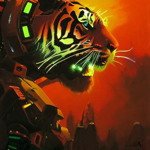 Image similar to a tiger dark and colorful close - up of a sci - fi mecha tiger robot with led lights glowing fog in the background. highly detailed science fiction painting by norman rockwell, frank frazetta, and syd mead. rich colors, high contrast, gloomy atmosphere, dark background. trending on artstation