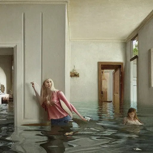 Image similar to painting of Elle Fanning in a flooded house interior, by Bosch