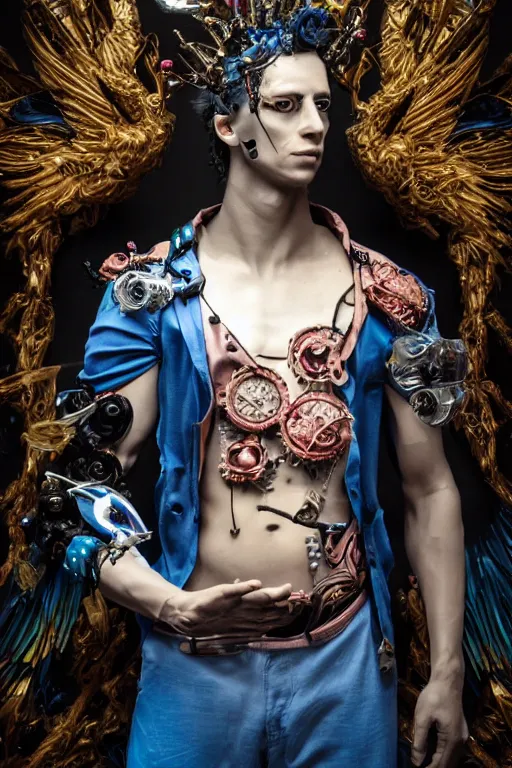 Image similar to full-body cyberpunk style sculpture of a young handsome Colombian prince half android with a chest opening exposing circuitry and electric sparks, glowing pink eyes, crown of blue flowers, flowing salmon-colored silk, fabric, raptors. baroque elements. full-length view. baroque element. intricate artwork by caravaggio. many many birds birds on background. Trending on artstation, octane render, cinematic lighting from the right, hyper realism, octane render, 8k, depth of field, 3D