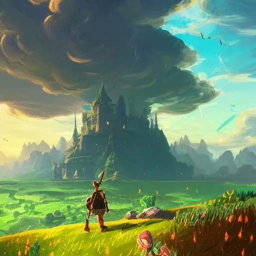 Image similar to a beautiful digital matte painting of a verdant fantasy countryside, breath of the wild, hyrule, inspired by cyril rolando, david wiesner, many golden layers, orange color tone, very far royal steampunk castle, cgsociety, tarot card, trending on artstation, azure sky