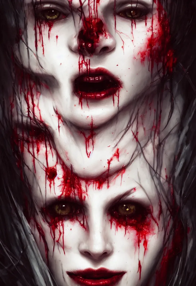 Image similar to beautiful, very extreme closeup portrait, one face, one face, one face, bloody face, vampire girl, extreme blood, vampire fangs, medieval dress. witch, makeup. unreal engine, greg rutkowski, loish, rhads, beeple, tom bagshaw, alphonse mucha, global illumination, detailed and intricate environment