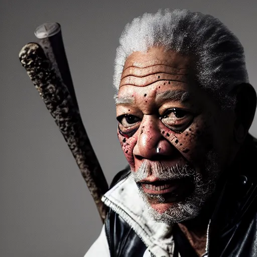 Prompt: photo of Morgan Freeman dressed as Negan, zippered black leather jacket, barbed baseball bat Lucille on his shoulder, in the style of Peter Lindbergh, white fog, key lighting, octane render