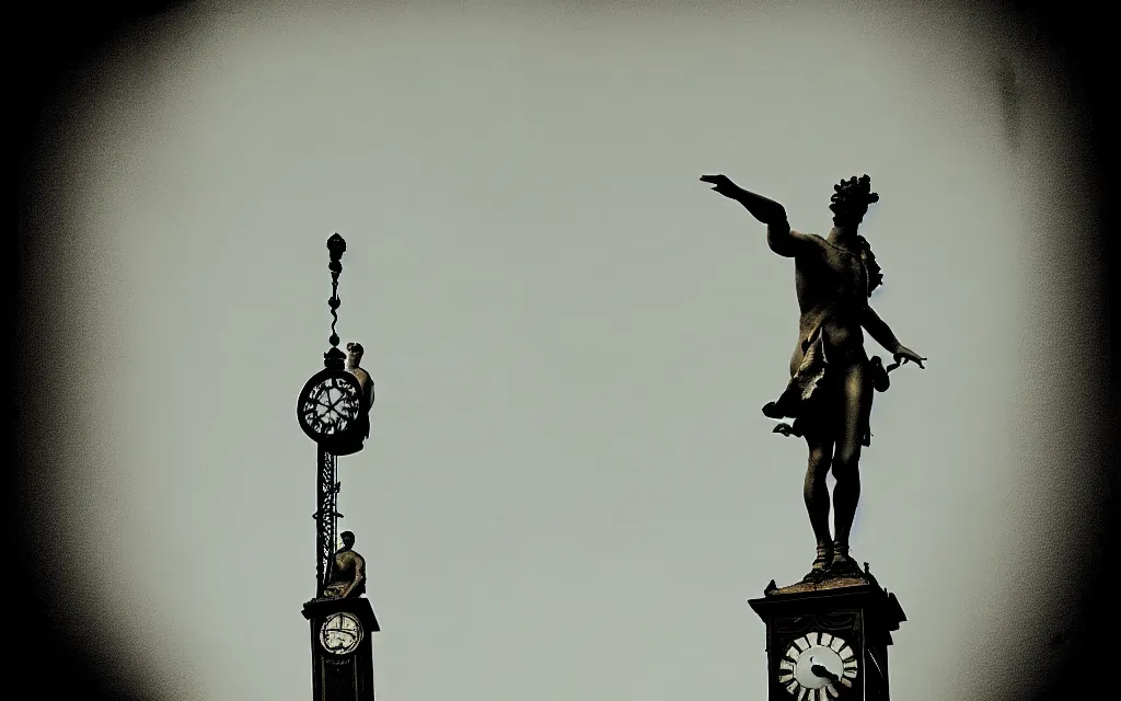 Image similar to a statue of a man standing on top of a clock, a flemish baroque by henry macbeth - raeburn, flickr, rococo, rococo, flemish baroque, sabattier filter