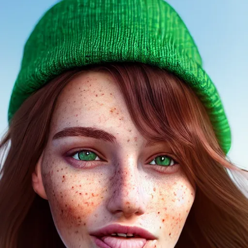 Image similar to portrait of a cute thin young woman, bronze brown hair, eye color is emerald green, red blush, cute freckles, smug smile, modern clothes, relaxing on the beach, golden hour, close up shot, 8 k, art by irakli nadar, hyperrealism, hyperdetailed, ultra realistic