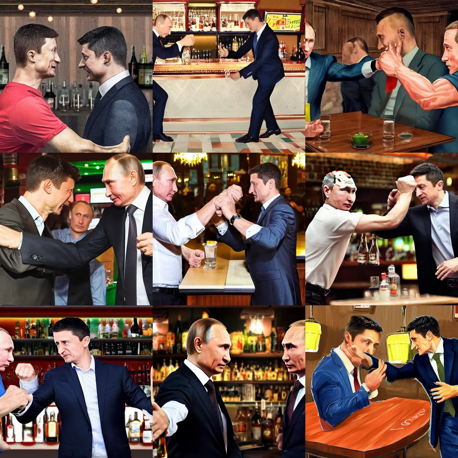 Prompt: Vladimir Putin and Vladimir Zelensky fighting in a bar, photorealistic