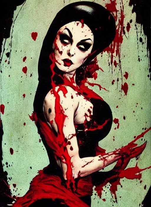 Image similar to portrait of bald iranian vampiress, strong line, saturated color, beautiful! coherent! by frank frazetta, high contrast, blood splatter background