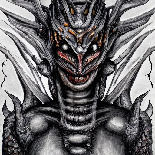 Image similar to Giger portrait of queen dragon, Dragon in dragon lair, HD, full body dragon concept, flying dragon, Human body with dragon features, soft shading, soft colors, relaxed colors, hyperdetailed, wide angle lens, fantasy, futuristic horror, style of giger