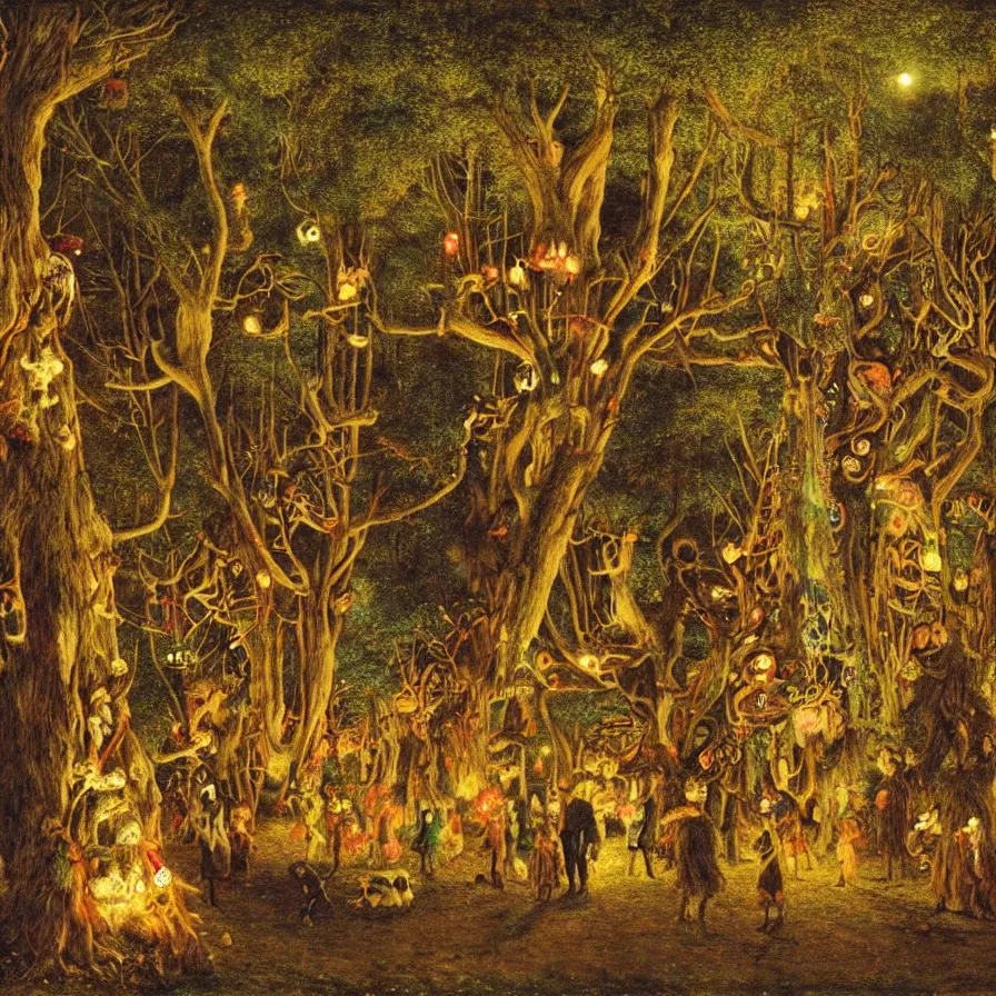 Prompt: a night carnival around a magical tree cavity, with a surreal orange moonlight and fireworks in the background, next to a lake with iridiscent water, christmas lights, folklore animals and people disguised as fantastic creatures in a magical forest by summer night, masterpiece painted by ford madox brown, dark night environment