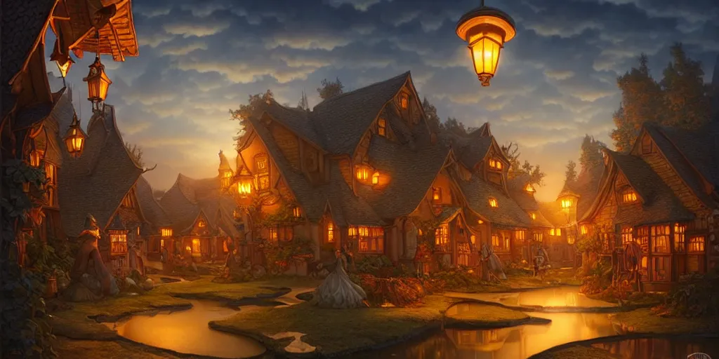 Image similar to a fantasy village landscape, twilight, lamps, lit windows, digital illustration by michael whelan and leyendecker and artgerm, intricate details, surreal, photorealistic, award winning